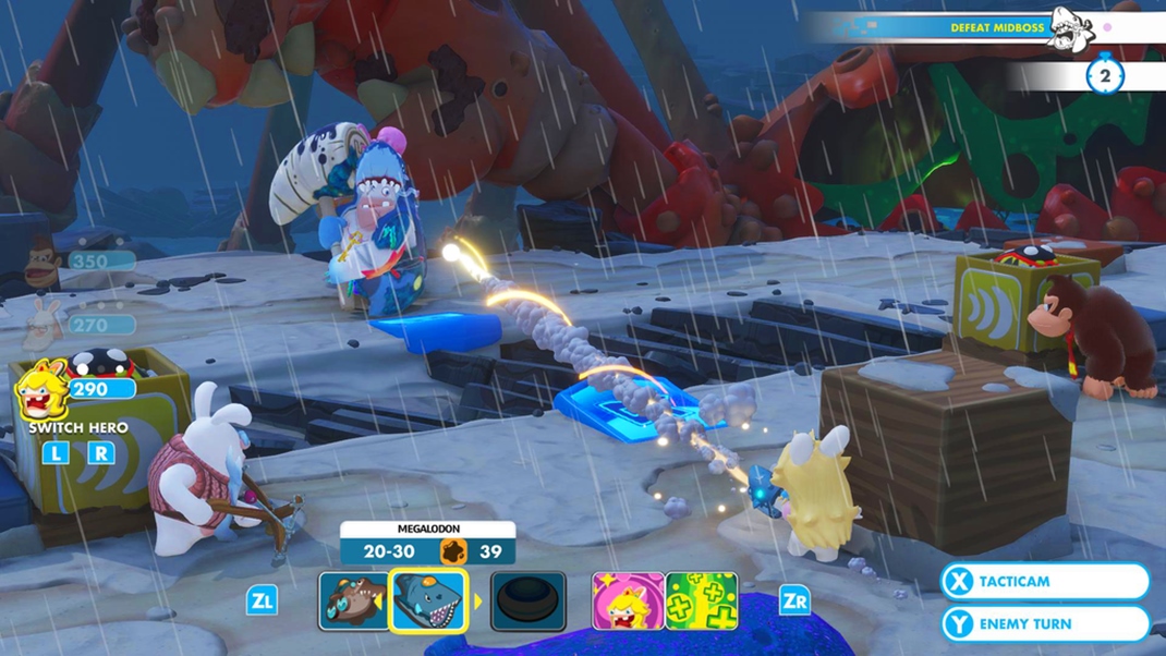 Mario + Rabbids Kingdom Battle: Donkey Kong... V dadivom prostred sa bojuje soldne, tento druh midboss m plutvu ako ralok a pestr triky.